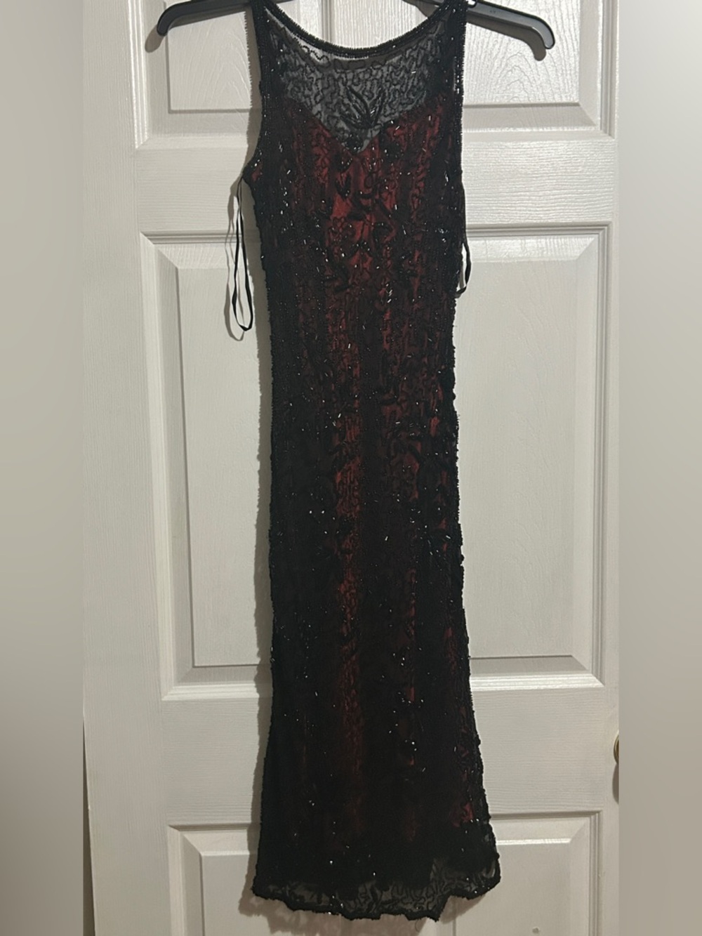 Scala Black Beaded Lace Maxi Dress with Deep Red Lining